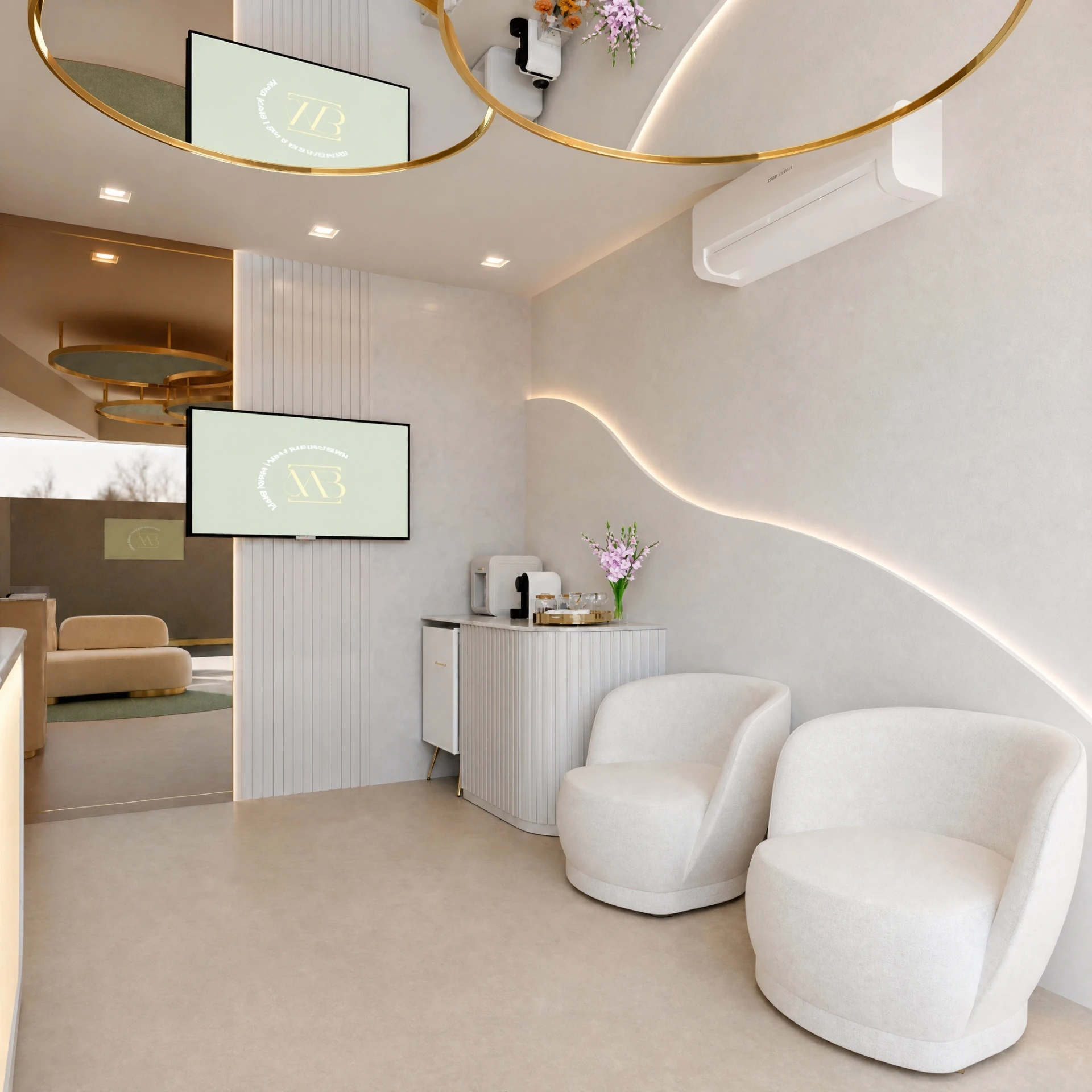 Sala de spa e bem-estar com poltronas, iluminação acolhedora e detalhes dourados