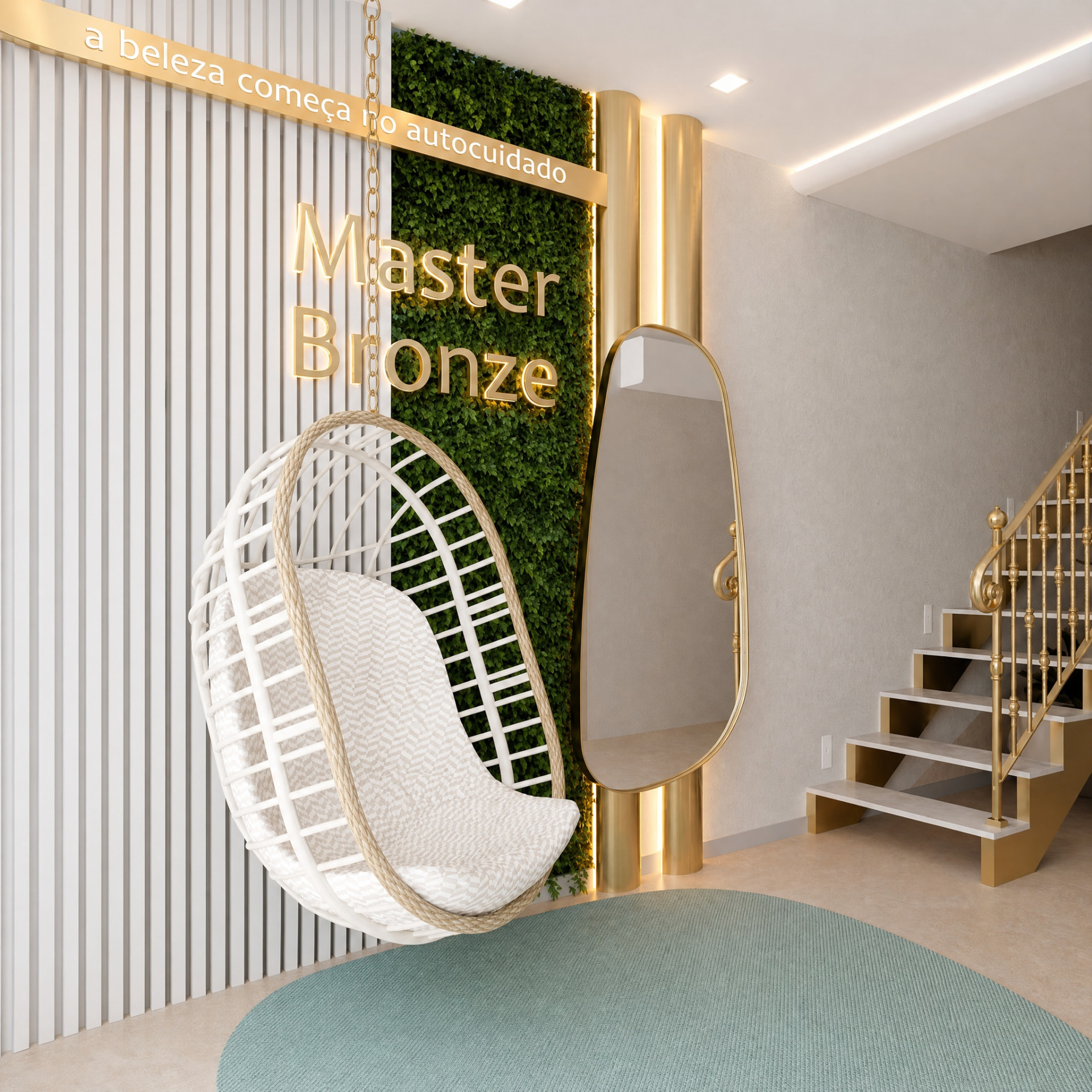 Entrada do Master Bronze SPA com letreiro dourado, parede verde e balanço suspenso