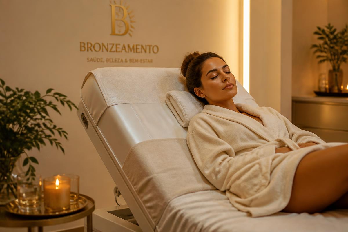 Mulher relaxando em maca de bronzeamento em ambiente de spa acolhedor