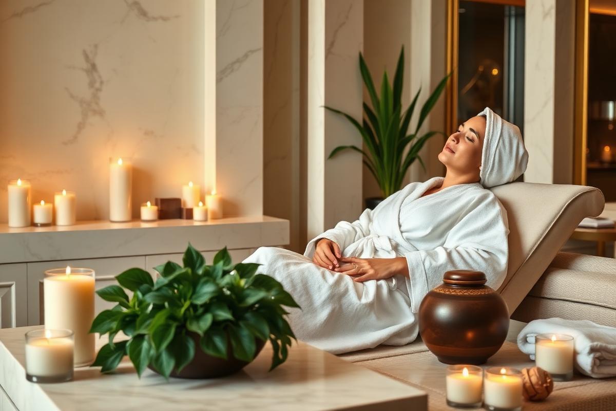 Lounge de bem-estar com poltrona, velas acesas e plantas